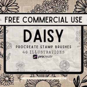 May include: A digital illustration of 46 daisy flower stamp brushes for Procreate. The image shows a tablet screen with the text "Daisy" and "Procreate Stamp Brushes 46 Illustrations" on a hessian background. The Procreate logo is also visible.