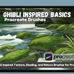 May include: A digital illustration of a river with green mossy rocks and a blue sky. The text "GHIBLI INSPIRED BASICS Procreate Brushes" is at the top of the image. The text "procreate" is in a white circle at the bottom of the image. The text "18 Ghibli Inspired Texture, Shading, and Nature Brushes for Procreate" is at the bottom of the image.