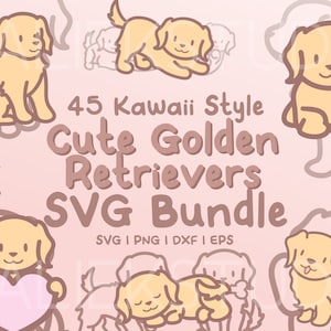 45 Cute Golden Retrievers SVG Bundle - Lindas imágenes Kawaii o Chibi Golden Retriever en archivos SVG, png, dxf o eps para usar como clip art