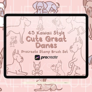 45 süße Deutsche Doggen Procreate Stempel Pinsel Set - Süße Procreate Pinsel im Kawaii Stil