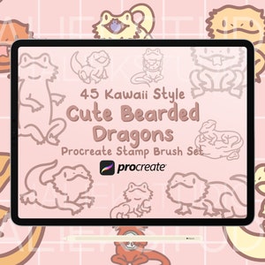 Könnte beinhalten: Ein digitaler Tablet-Bildschirm zeigt einen Satz von 45 niedlichen, im Kawaii-Stil gestalteten Procreate-Stempel-Pinseln mit Bartdrachen. Der Bildschirm ist von einem rosa und weißen gekachelten Hintergrund mit Illustrationen von Bartdrachen umgeben.