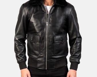Men&#39;s Airin G-1 Black Bomber Jacket Real Leather Sheepskin Zipper Jacket With Fur Collar, Shearling-lined Leather Jacket
