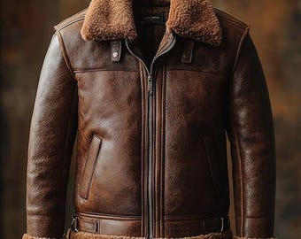 Men&#39;s Bomber Fur Shearling Distressed Handmade Brown Sheepskin Leather Jacket
