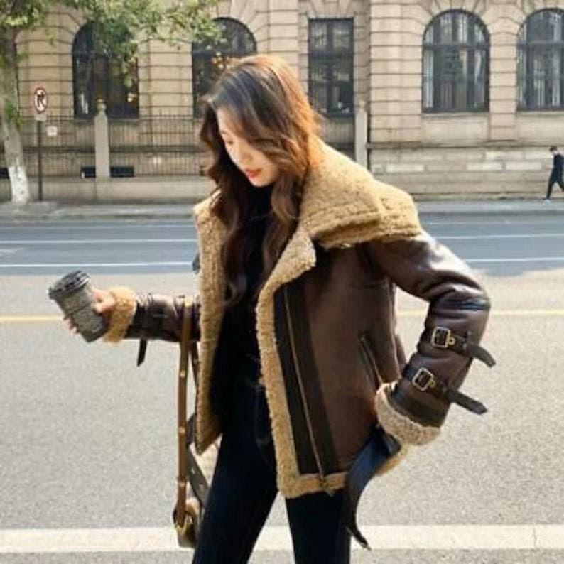 Women's Real Lambskin Leather Aviator Pilot RAF B3 Bomber Jacket - Double Collar Shearling Flying Coat