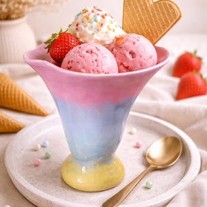 May include: A colorful ice cream sundae in a pastel-colored ceramic dish. The sundae features pink ice cream scoops, whipped cream with sprinkles, a strawberry, and a heart-shaped waffle. A gold spoon rests on the plate.