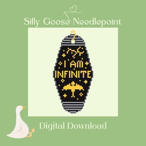 May include: A digital download featuring a black and yellow needlepoint design with the text "I AM INFINITE". The design is in an oval shape with a yellow umbrella at the bottom. The words "Silly Goose Needlepoint" and "Digital Download" are also present.