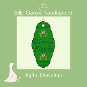 May include: A digital download featuring a green, pixelated design with the words "Dinner Fash" in a stylized font. The design includes floral accents and is labelled "Silly Goose Needlepoint" and "Digital Download."