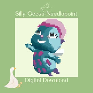 May include: A digital download image featuring a pixelated cartoon character in shades of blue, pink, and purple. The character is wearing a hat and holding a small object. The text "Silly Goose Needlepoint" and "Digital Download" are displayed.