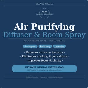 Könnte beinhalten: Marineblaue Grafik, die einen Luftreinigungsdiffusor und Raumspray bewirbt. Der Text enthält "Air Purifying Diffuser & Room Spray", "Eucalyptus, Rosemary, Lavender" und "Instant Digital Download".