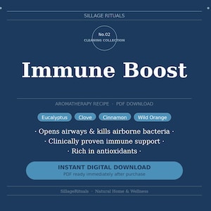 May include: A navy blue graphic promoting an aromatherapy recipe PDF download for "Immune Boost". The image lists ingredients like eucalyptus, clove, and cinnamon. It highlights benefits such as immune support and antioxidants, with the text in white.