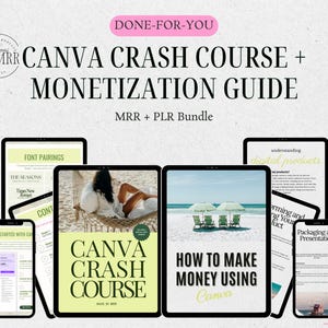 Puede incluir: Un paquete de marketing digital con el texto "CANVA CRASH COURSE + MONETIZATION GUIDE". La imagen muestra varias tabletas y teléfonos inteligentes que muestran contenido, incluyendo una escena de playa y una mujer relajándose. El paquete está etiquetado como "MRR + PLR Bundle".