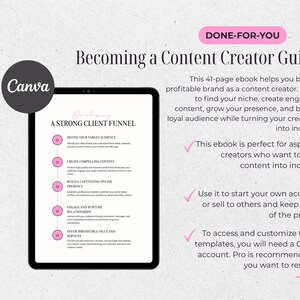 Pu&ograve; includere: Un tablet digitale mostra un ebook "Becoming a Content Creator Guide". La guida, progettata per Canva, offre consigli per costruire un marchio redditizio. L'ebook include passaggi per trovare una nicchia, creare contenuti e far crescere un pubblico.