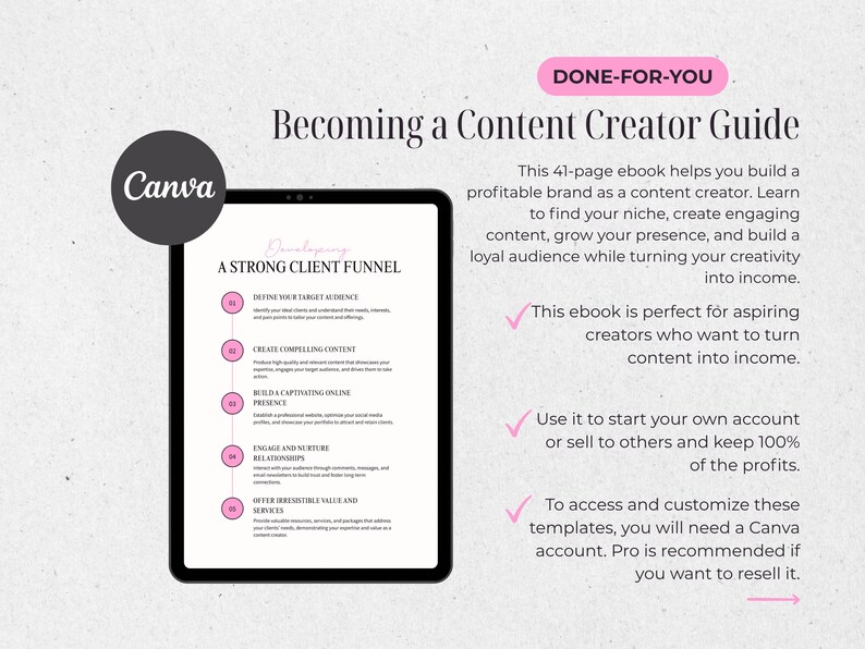 Pu&ograve; includere: Un tablet digitale mostra un ebook "Becoming a Content Creator Guide". La guida, progettata per Canva, offre consigli per costruire un marchio redditizio. L'ebook include passaggi per trovare una nicchia, creare contenuti e far crescere un pubblico.
