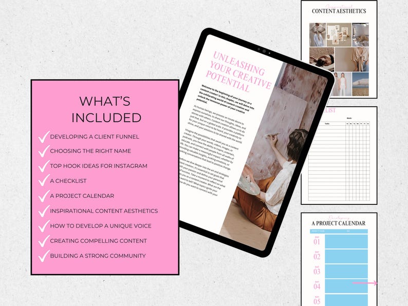 Pu&ograve; includere: Un tablet digitale mostra il testo "Unleashing Your Creative Potential" e un elenco rosa di elementi inclusi: canalizzazione dei clienti, scelta del nome, idee per Instagram, lista di controllo, calendario del progetto, estetica dei contenuti, voce unica, contenuti accattivanti e community.