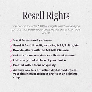 Pu&ograve; includere: Immagine con il testo "Resell Rights" e un elenco di vantaggi, tra cui l'uso personale, la rivendita a pieno profitto e la vendita come modello Canva. Il testo &egrave; in un font serif su sfondo chiaro.