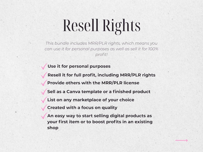 Pu&ograve; includere: Immagine con il testo "Resell Rights" e un elenco di vantaggi, tra cui l'uso personale, la rivendita a pieno profitto e la vendita come modello Canva. Il testo &egrave; in un font serif su sfondo chiaro.
