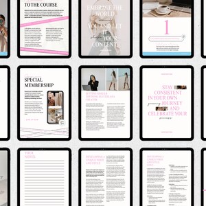Pu&ograve; includere: Una raccolta di tablet digitali che mostrano varie pagine con testo e immagini. Le pagine presentano titoli come "To the Course", "Embrace the World" e "Special Membership". Accenti rosa e azzurri sono usati nei design.