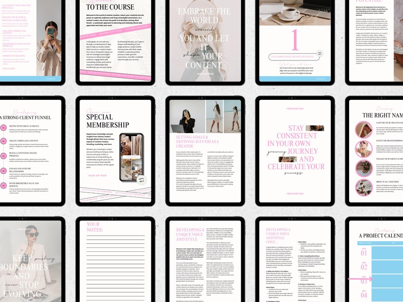 Pu&ograve; includere: Una raccolta di tablet digitali che mostrano varie pagine con testo e immagini. Le pagine presentano titoli come "To the Course", "Embrace the World" e "Special Membership". Accenti rosa e azzurri sono usati nei design.