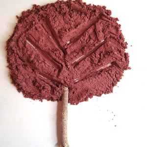 May include: A red powder in the shape of a tree with a brown twig for a trunk.