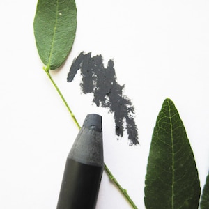May include: A black eyeliner pencil with a sharp point and a black smudge on a white background. Green leaves are on either side of the pencil.