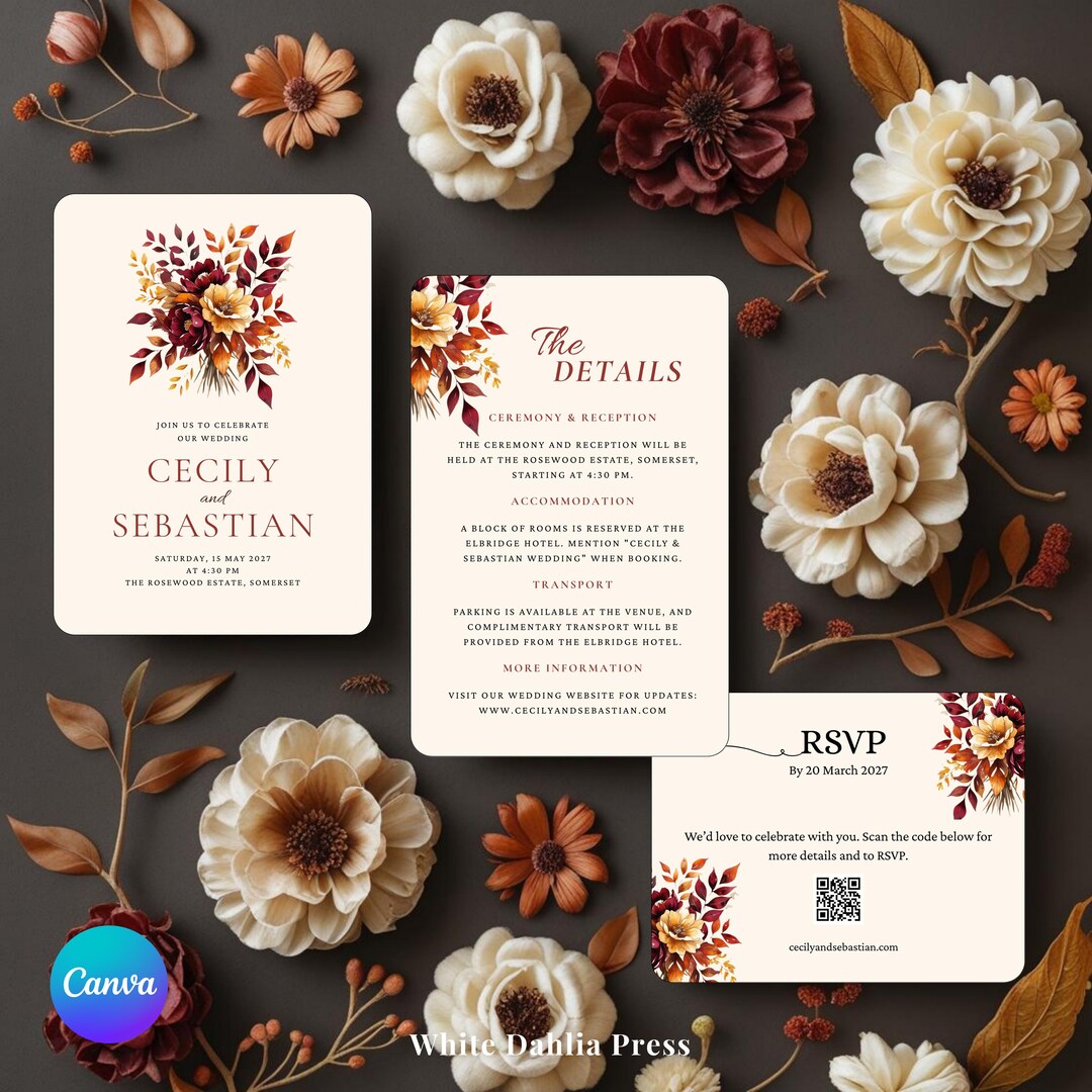 Autumn Wedding Invitation Template | Fall Floral Invitation Suite ...