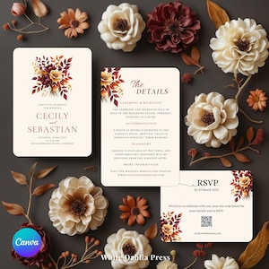 Autumn Wedding Invitation Template | Fall Floral Invitation Suite | Elegant Editable RSVP Card & Details Card | Printable Wedding Suite