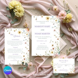 Wildflower Wedding Invitation Set | Editable Template | Soft Floral Wedding Suite | RSVP & Details Card | Printable Wedding Invite