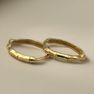 14K Solid Gold Bamboo Hoop Earrings: Textured Yellow Gold Hoops