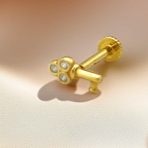 14K Solid Gold Key Stud Piercing – Screw Flat Back Earring, Real Gold Cartilage Jewelry, Minimalist Conch Helix Tragus Piercing