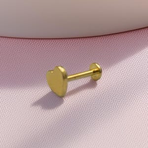 14K Solid Gold Heart Stud Piercing, Flat Back Earring, Cartilage Earring, 16G Internally Threaded