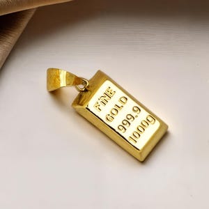14K Solid Gold Bar Pendant: Fine Gold 999.9 Charm Necklace