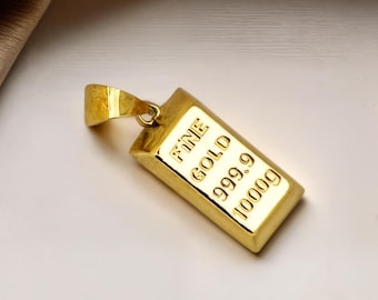 14K Solid Gold Bar Pendant: Fine Gold 999.9 Charm Necklace
