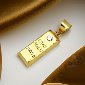 Collar con colgante de barra de oro macizo de 14 quilates: diseño de lingote de piedra de circonita cúbica