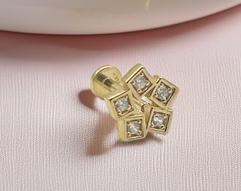 14K Solid Gold Square CZ Piercing Stud: Internally Threaded Helix Earring