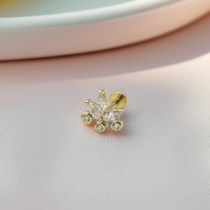 14K Solid Gold Lotus Stud Piercing, Marquise CZ Flower Earring, Flat Back Cartilage Stud, Internally Threaded Tragus Piercing