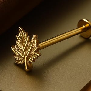 14K Solid Gold Ahornblatt Piercing - Flache Rückseite Knorpelohrring, Herbst Schmuck Geschenk für Sie