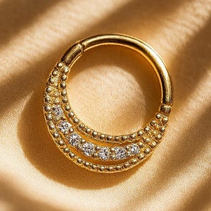 14K Solid Gold CZ Diamond Clicker: Daith, Septum, Rook, Helix Piercing