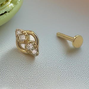 14K Solid Gold Double Zircon Stud Piercing, Flat Back Internally Threaded Earring, 16G Cartilage Helix Jewelry