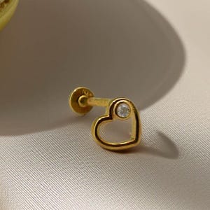 14K Solid Gold Heart Piercing: Zircon Cartilage Earring, Flat Back Stud, Cartilage Stud