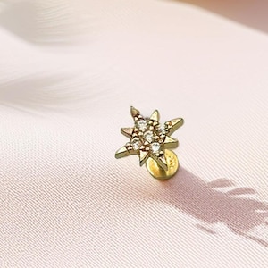 Piercing Starburst em ouro maciço 14K, delicado, com parte traseira plana, brinco de cartilagem 16G com rosca interna