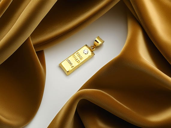 14K Solid Gold Bar Pendant Necklace: CZ Stone Ingot Design