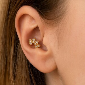 14K Solid Gold Triple Leaf Stud Piercing – Lotus Inspired CZ Earring for Conch, Helix, Tragus – Internally Threaded Flat Back Piercing