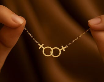 Naszyjnik z podwójną Wenus z 14-karatowego złota dla lesbijek: biżuteria LGBTQ+ Pride