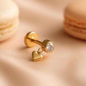 14K Solid Gold Heart Charm Stud Earring: CZ Piercing, Flat Back