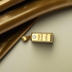 14K Solid Gold Bar Pendant Necklace: CZ Stone Ingot Design image 2