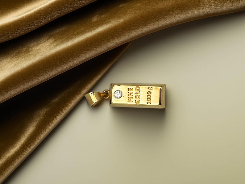 14K Solid Gold Bar Pendant Necklace: CZ Stone Ingot Design image 2