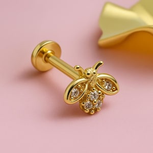 14K Gold Bee Stud Earring: Dainty Cartilage Piercing, Internally Threaded