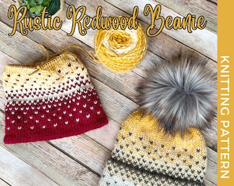 Rustic Redwood Beanie Knitting Pattern, Fair Isle Knit Hat, Mommy and Me Beanie, Easy Beginner Knit Pattern, Slouchy Beanie Pattern