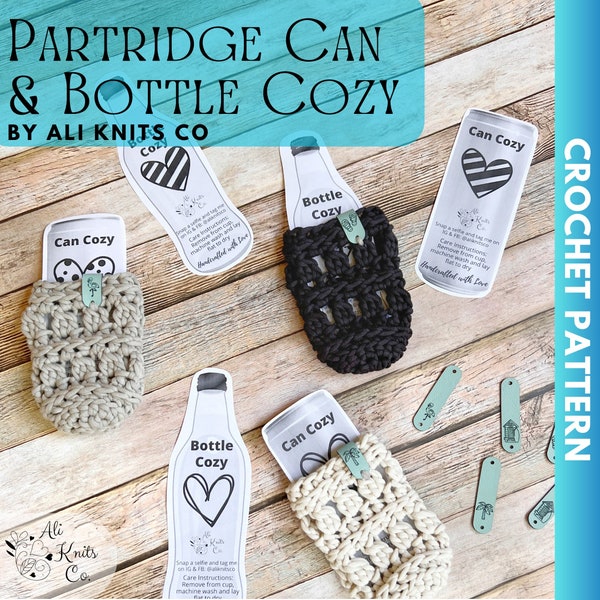 Partridge Can Cozy Crochet Pattern, Reusable Bottle To-Go Cup Sleeve, Cold Adult Beverage Cup Cozy, Quick Market Make, Bernat Maker Home Dec