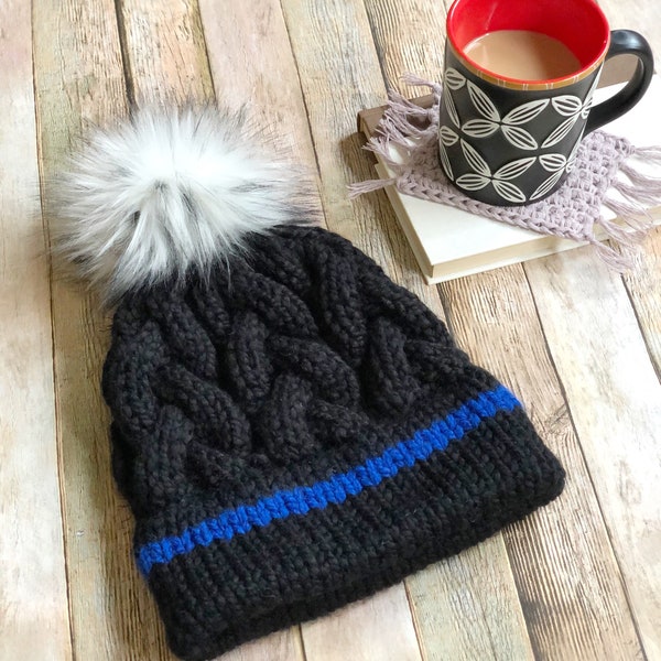 Thin Blue Line Cable Beanie, Black and Blue Beanie, Women Warm Double Brim Knit Hat, Police Wife Style, Law Enforcement Support Hat